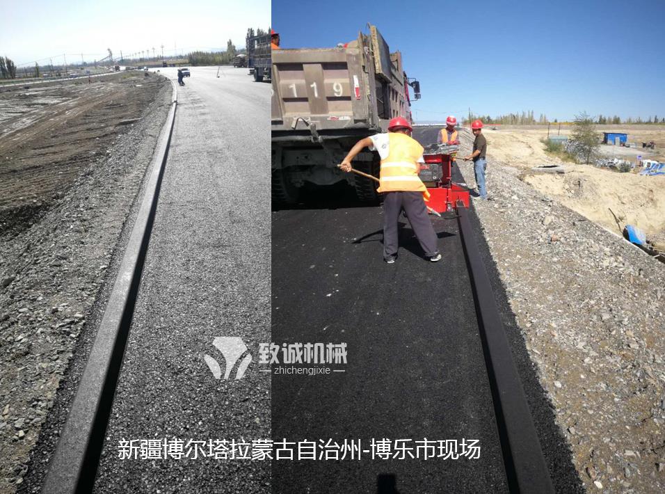 博樂小型瀝青砂攔水帶滑模機(jī)施工現(xiàn)場